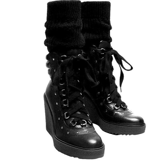 ZARA Black Studded Wedge Socked Boot - Size US 8 /‎ EU 39 - Picture 1 of 8